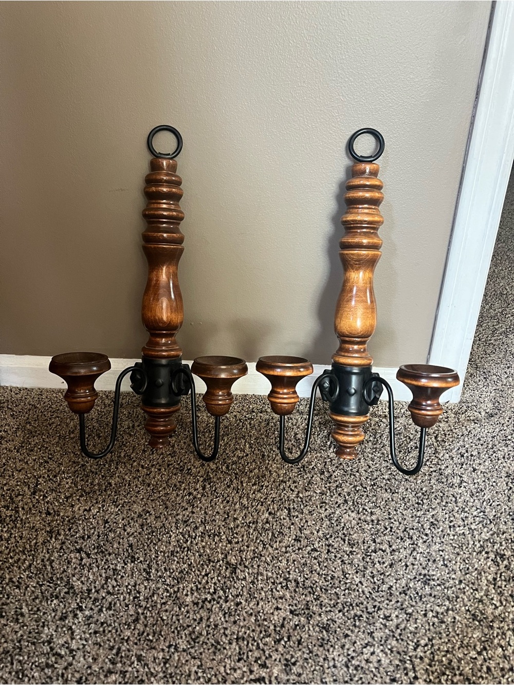 Vintage Pair of Homco Wood and Metal Double Candle Sconces - Cottagecore